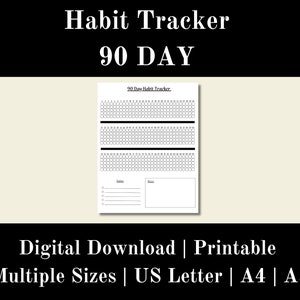Rastreador de hábitos de 90 días imprimible en blanco, rastreador semanal digital, desafío de hábitos, planificador de hábitos diario, descarga digital, carta de EE. UU., A4, A5