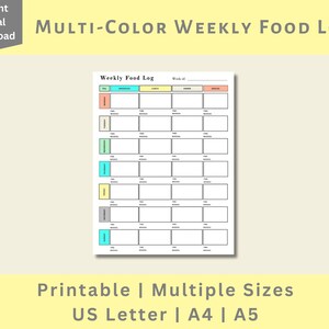 Weekly Food Log, Printable Weekly Food Log, Food Tracker, Meal Tracker, Weekly Food Journal, Digital Download, US Letter, A4, A5