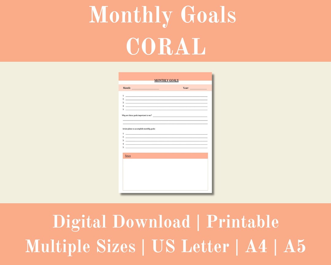 Monthly Goals Coral, Goals Digital Printable, Goal Setting Worksheet ...
