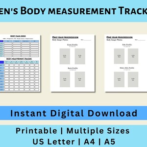 May include: Printable body measurement tracker with a blue and white color scheme. The tracker includes sections for body mass index, body measurements, and one-year progression photos. The text "Instant Digital Download" and "Printable | Multiple Sizes US Letter | A4 | A5" is displayed below the tracker.