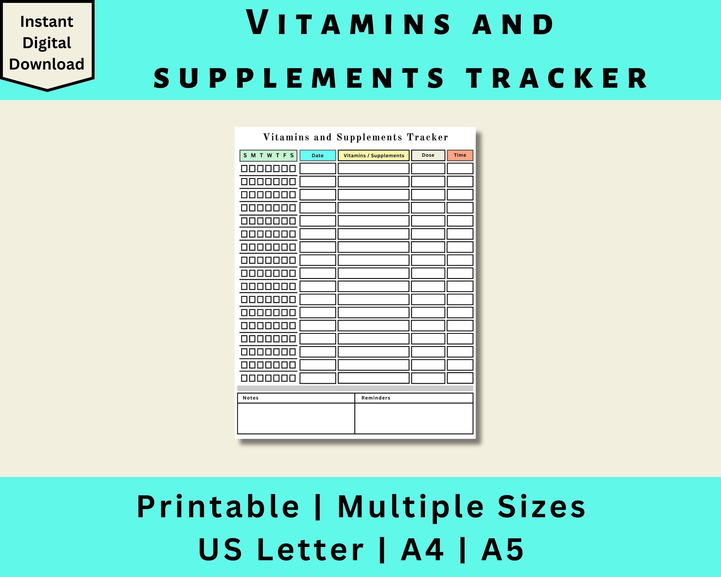 Vitamines et suppléments Tracker imprimable, vitamine Tracker, suppléments de suivi, supplément de vitamines, téléchargement numérique, lettre US, A4,