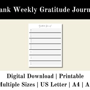 Diario semanal de gratitud imprimible, Diario de gratitud diario en blanco digital, Diario en blanco y negro, Descarga digital, Carta de EE. UU., A4, A5
