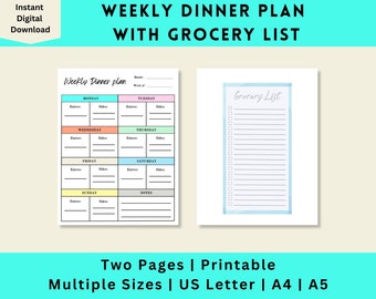 Weekly Meal Planner with Grocery List, Grocery List Printable, Weekly Dinner Plan Printable, Digital Download, US Letter, A4, A5, PDF