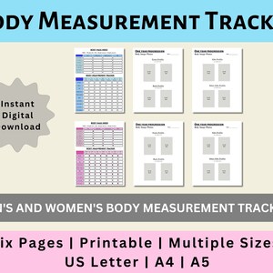 May include: Six printable pages for tracking body measurements. The pages include a body mass index chart, a body measurement tracker, and a one-year progression tracker with space for six photos. The pages are designed for both men and women.