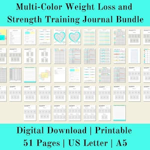 Paquete de diario de entrenamiento de fuerza y pérdida de peso multicolor, diario de levantamiento de pesas, diario de imagen corporal, descarga digital, carta de EE. UU., A5