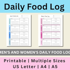 Daily Food Log, Printable Daily Food Log, Meal Tracker, Food Tracker, Daily Food Journal, Food Journal, Digital Download, US Letter, A4, A5