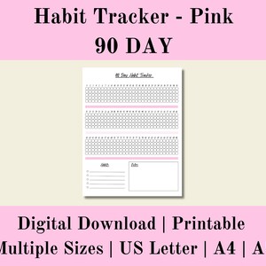 Rastreador de hábitos de 90 días rosa imprimible, rastreador semanal digital, desafío de hábitos, planificador de hábitos diario, descarga digital, carta de EE. UU., A4, A5