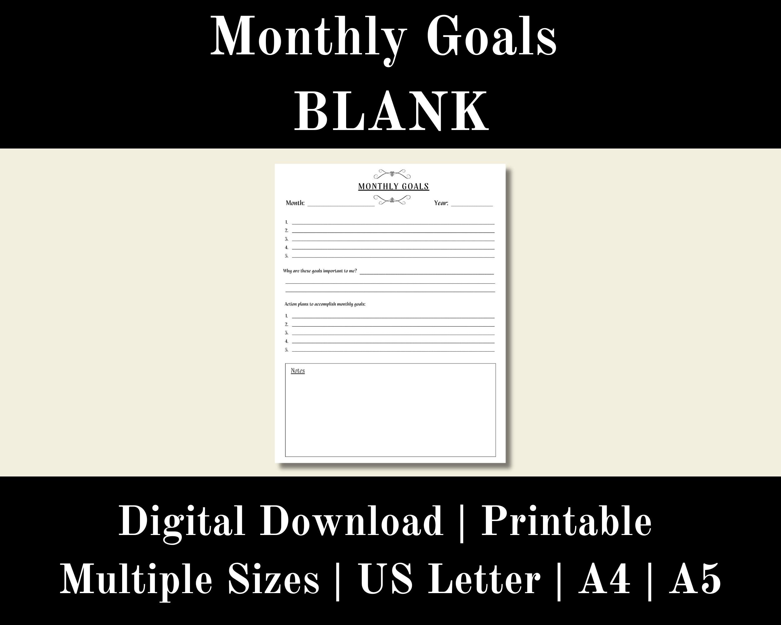 Monthly Goals Blank, Goals Digital Printable, Goal Setting Worksheet ...