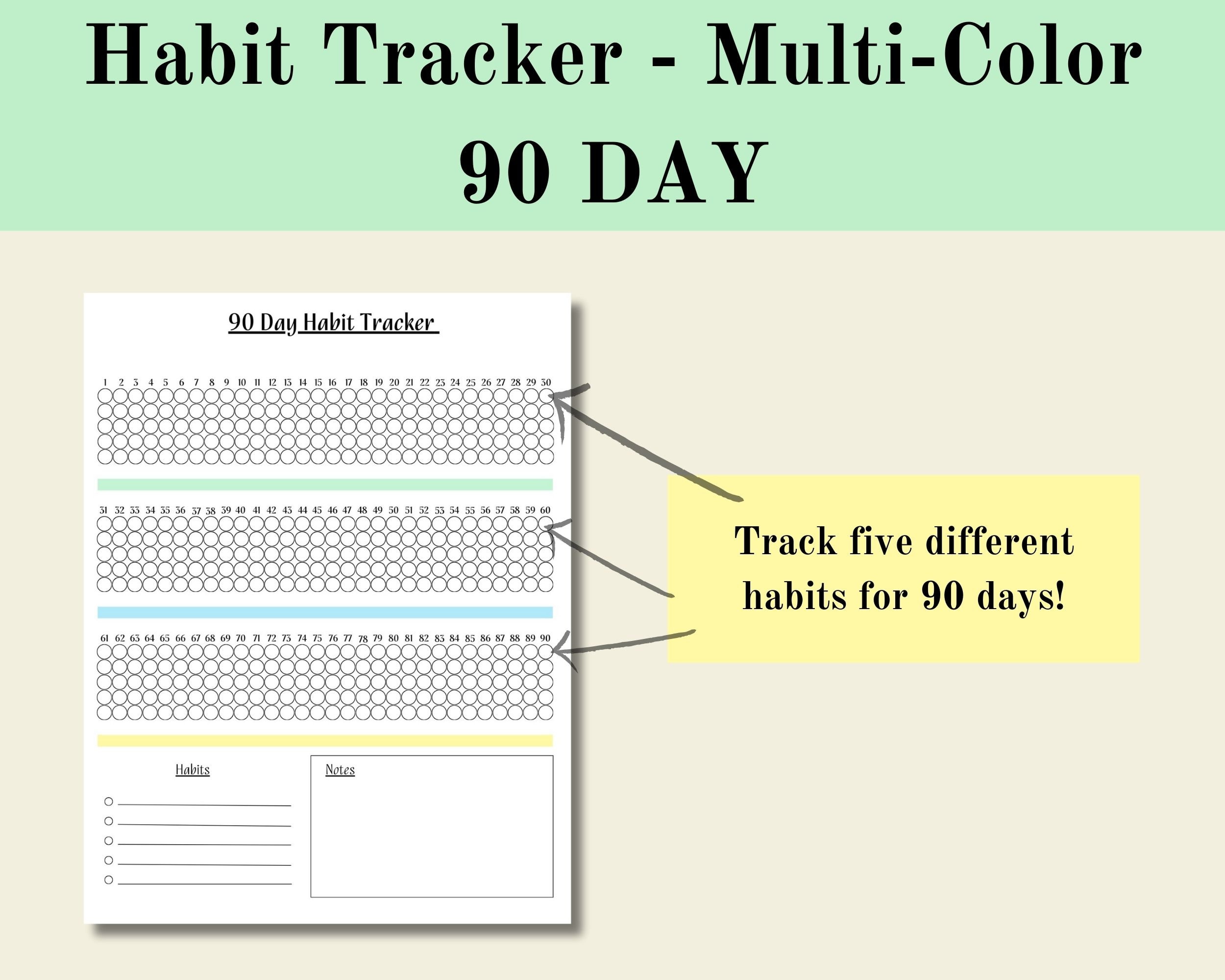 30 and 90 Day Habit Tracker Multi Color Printable, Weekly Tracker