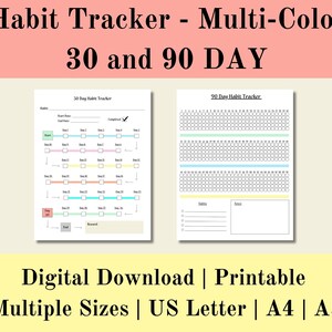 Rastreador de hábitos de 30 y 90 días multicolor imprimible, rastreador semanal digital, desafío de hábitos, planificador de hábitos diario, descarga digital, carta de EE. UU.