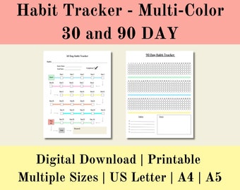 Tracker delle abitudini di 30 e 90 giorni Multi colore stampabile, Tracker settimanale digitale, Sfida delle abitudini, Pianificatore delle abitudini quotidiane, Download digitale, Lettera USA