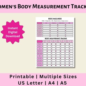 Puede incluir: Un rastreador de medidas corporales imprimible con el texto "WOMEN'S BODY MEASUREMENT TRACKER" en la parte superior. El rastreador incluye secciones para el IMC y las medidas corporales, con acentos rosas. La imagen también incluye el texto "Instant Digital Download" y "Printable | Multiple Sizes US Letter | A4 | A5".
