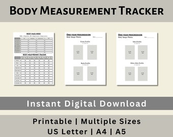 Body Measurement Tracker Printable, BMI Tracker, Body Image Progression, Weight Loss Tracker Printable, Digital Download, US Letter, A4, A5