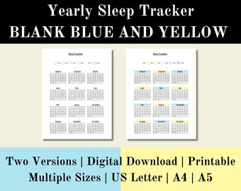 Yearly Sleep Tracker Blue Yellow Printable Log, Sleep Worksheet Journal Digital, Blank Monthly Sleep Log, Digital Download, US Letter, A5