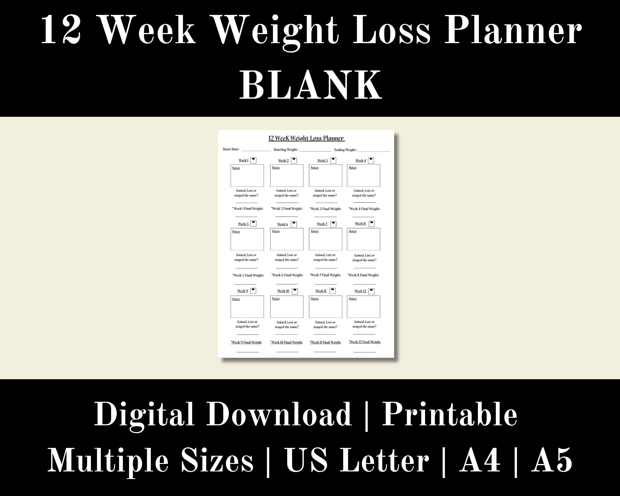 12 Week Weight Loss Blank Planner, Pounds Lost Tracker, Weekly Weight ...