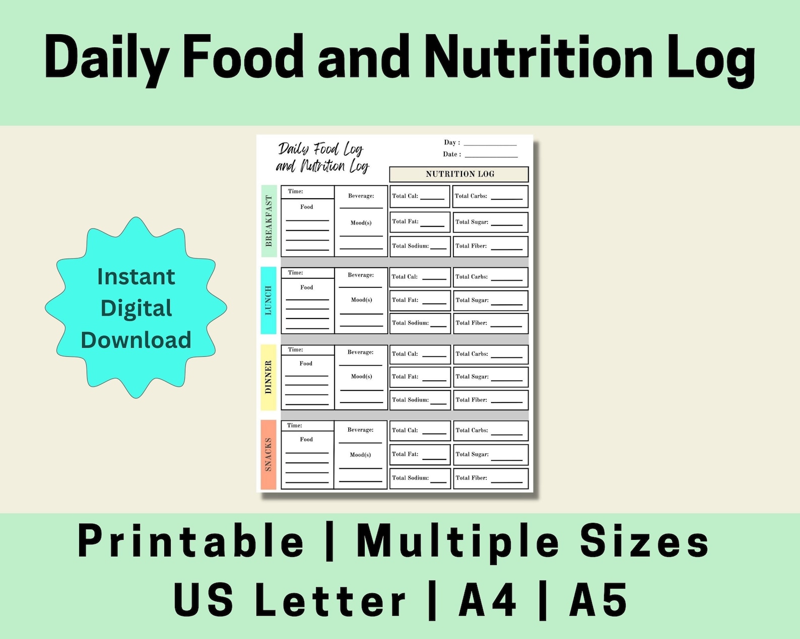 Printable Daily Food Log, Daily Food Log, Nutrition Log, Food Tracker ...