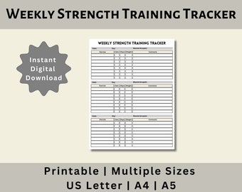 Weekly Strength Training Tracker, Weight Lifting Tracker, Weight Lifting Log, Strength Training Log, Digital Download, US Letter, A4, A5