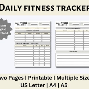 Daily Fitness Tracker Printable, Daily Fitness Log, Exercise Tracker, Fitness Journal, Fitness Planner, Digital Download, US Letter, A4, A5