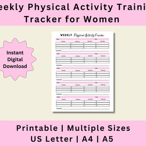Weekly Physical Activity Tracker Printable, Physical Activity Log, Exercise Log, Fitness Log, Workout Log, Digital Download, US Letter, A4