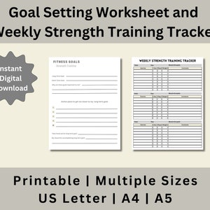 Rastreador de entrenamiento de fuerza semanal imprimible, hoja de trabajo de establecimiento de objetivos, rastreador de fitness, levantamiento de pesas, descarga digital, carta de EE. UU., A4, A5