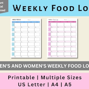 Weekly Food Log, Printable Weekly Food Log, Food Tracker, Meal Tracker, Weekly Food Journal, Digital Download, US Letter, A4, A5