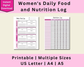 May include: Printable daily food and nutrition log with two pages. The first page is a food log with sections for breakfast, lunch, dinner, and snacks. The second page is a nutrition log with columns for date, time, calories, carbs, fat, and protein. The pages are white with black text and pink accents.