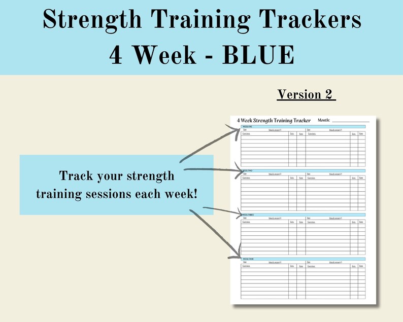 Weekly Strength Training 4 Week Trackers Blue, Fitness Tracker, Weight