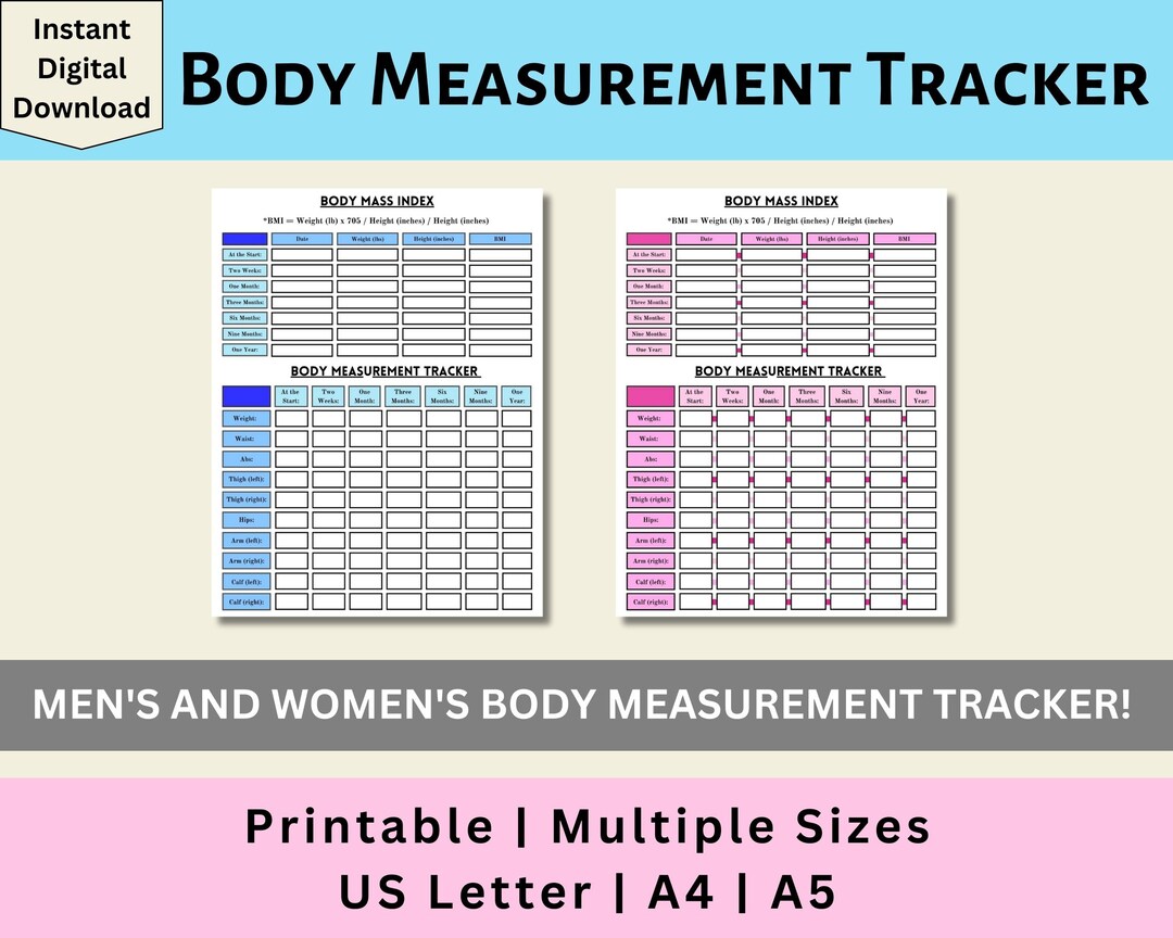 Body Measurement Tracker Printable, Men's and Women's, Body ...