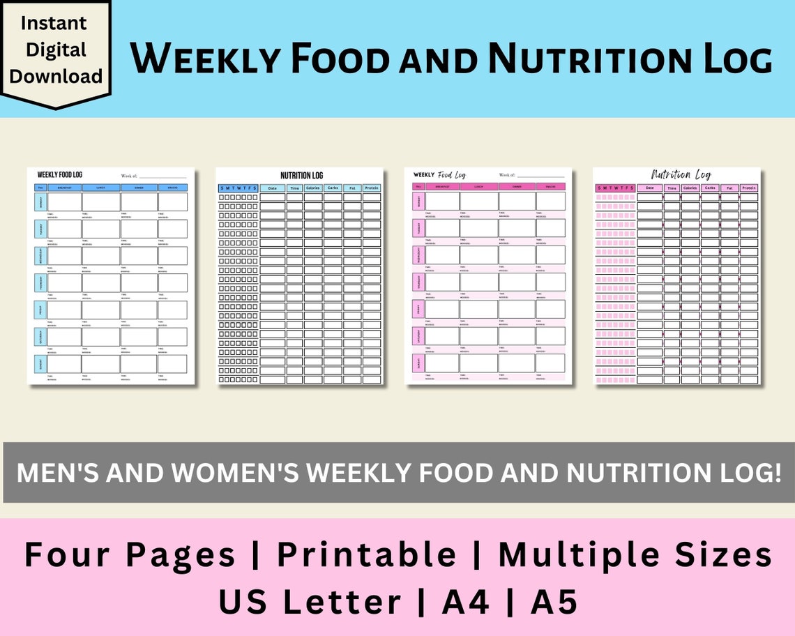 Printable Weekly Food and Nutrition Log, Weekly Food Log, Nutrition Log ...