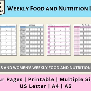 Printable Weekly Food and Nutrition Log, Weekly Food Log, Nutrition Log, Food Tracker, Meal Tracker, Digital Download, US Letter, A4, A5