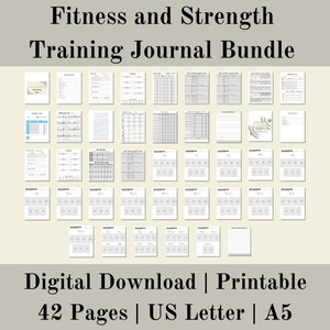 Paquete de diario de entrenamiento de fuerza y fitness, diario de levantamiento de pesas, diario de alimentación y fitness, imagen corporal, descarga digital, carta de EE. UU., A5