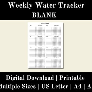 Blank Water Tracker Printable, Hydration Tracker, Habit Tracker, Water Intake, Water Log Printable, Digital Download, US Letter, A4, A5
