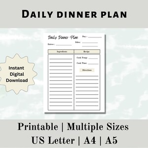 Meal Planner Printable, Daily Dinner Plan Printable, Printable Menu ...