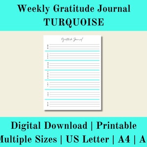 Diario semanal de gratitud turquesa imprimible, Diario de gratitud diario turquesa digital, descarga digital, carta de EE. UU., A4, A5