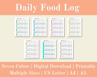 Registro diário de alimentos, registro diário de alimentos para impressão, rastreador de refeições, rastreador de alimentos, diário alimentar, diário alimentar, download digital, carta dos EUA, A4, A5