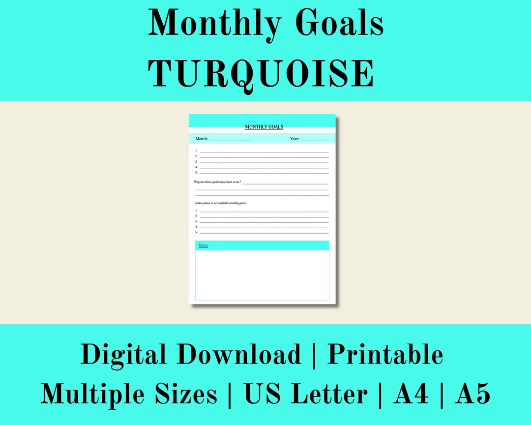 Monthly Goals Turquoise, Goals Digital Printable, Goal Setting ...