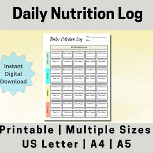 Registro diario de nutrición, Rastreador de nutrición imprimible, Diario de alimentos, Registro de nutrición, Rastreador de nutrición, Descarga digital, Carta de EE. UU., A4, A5