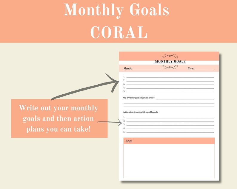 Monthly Goals Coral, Goals Digital Printable, Goal Setting Worksheet ...