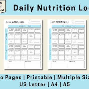 Printable Nutrition Log, Daily Nutrition Log, Meal Tracker, Food Tracker, Nutrition Journal, Nutrition Tracker, Digital Download, US Letter