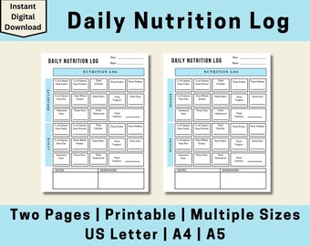 May include: A printable daily nutrition log with two pages. The log includes sections for breakfast, lunch, dinner, and snacks. Each section has columns for calories, protein, carbohydrates, fibre, and more.