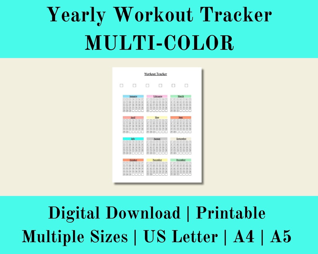 Yearly Workout Multi Color Tracker Printable, Workout Worksheet Journal Digital, Monthly Workout ...