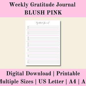 Diario de gratitud semanal rosa imprimible, Diario de gratitud diario rosa digital, Atención plena diaria, Descarga digital, Carta de EE. UU., A4, A5