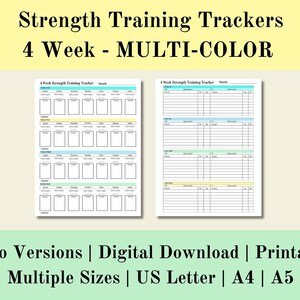 Entrenamiento de fuerza 4 rastreadores semanales multicolor, rastreador de fitness, rastreador de levantamiento de pesas, rastreador de entrenamiento, descarga digital, carta de EE. UU., A4, A5