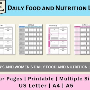 Printable Daily Food and Nutrition Log, Daily Food Log, Nutrition Log, Meal Tracker, Food Tracker, Digital Download, US Letter, A4, A5
