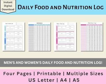 Printable Daily Food and Nutrition Log, Daily Food Log, Nutrition Log, Meal Tracker, Food Tracker, Digital Download, US Letter, A4, A5