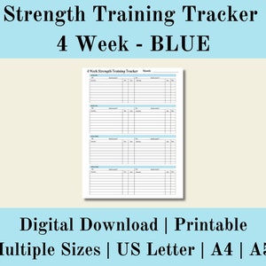 Entrenamiento de fuerza semanal 4 Week Tracker Blue, Fitness Tracker, Weight Lifting Tracker, Workout Tracker, Descarga digital, Carta de EE. UU., A4, A5
