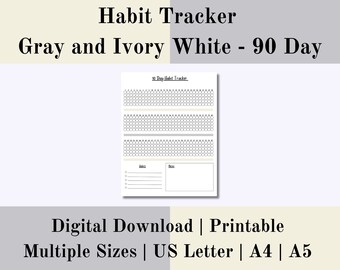 90 Day Habit Tracker Gray Ivory White Printable, Weekly Tracker Digital, Habit Challenge, Daily Habit Planner, Digital Download, US Letter
