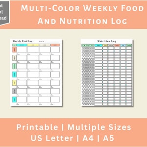 Printable Weekly Food and Nutrition Log, Weekly Food Log, Nutrition Log, Food Tracker, Meal Tracker, Digital Download, US Letter, A4, A5
