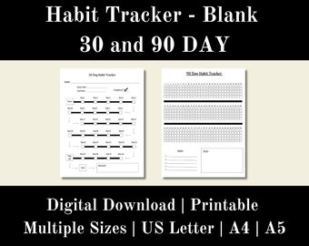 30 and 90 Day Habit Tracker Blank Printable, Weekly Tracker Digital, Habit Challenge, Daily Habit Planner, Digital Download, US Letter, A5