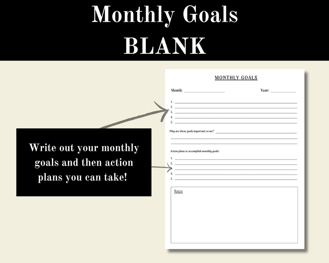 Monthly Goals Blank, Goals Digital Printable, Goal Setting Worksheet ...